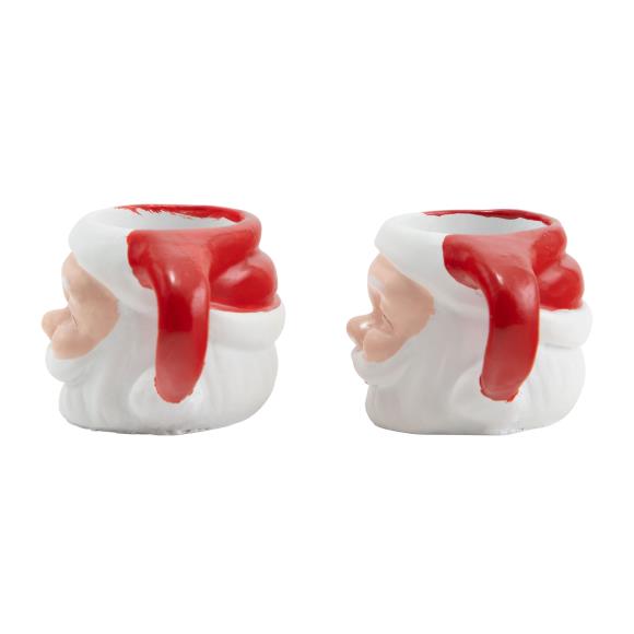 Two ceramic mugs with Santa's face with red accents on a white background.