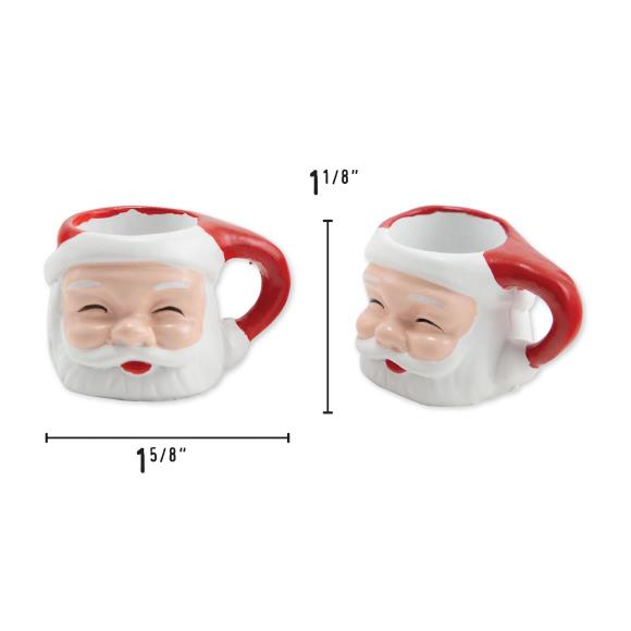 Two Santa Claus face mugs with measurements on a white background