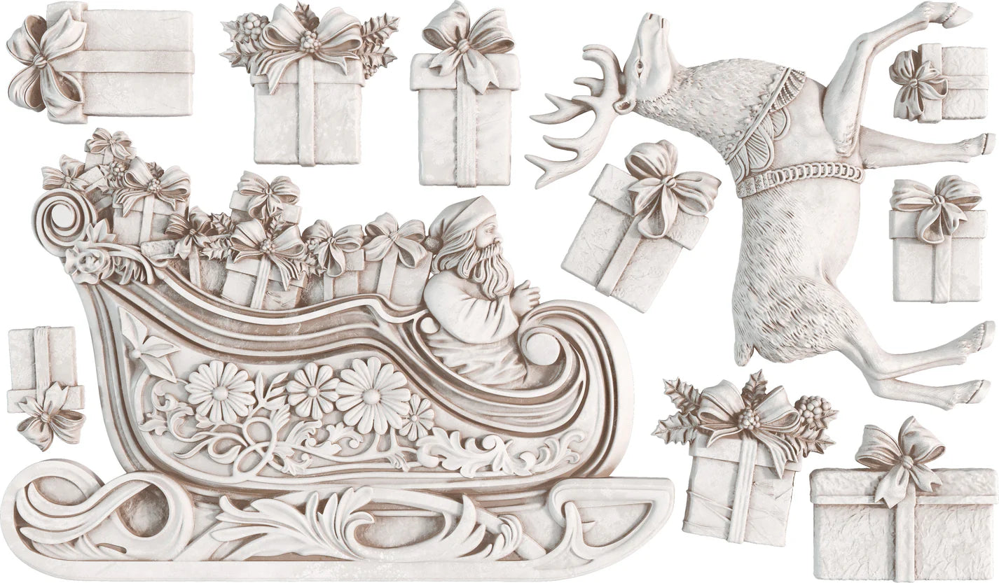 Clay casted in the shape of Santa's sleigh, reindeer, and Christmas presents against a transparent background.