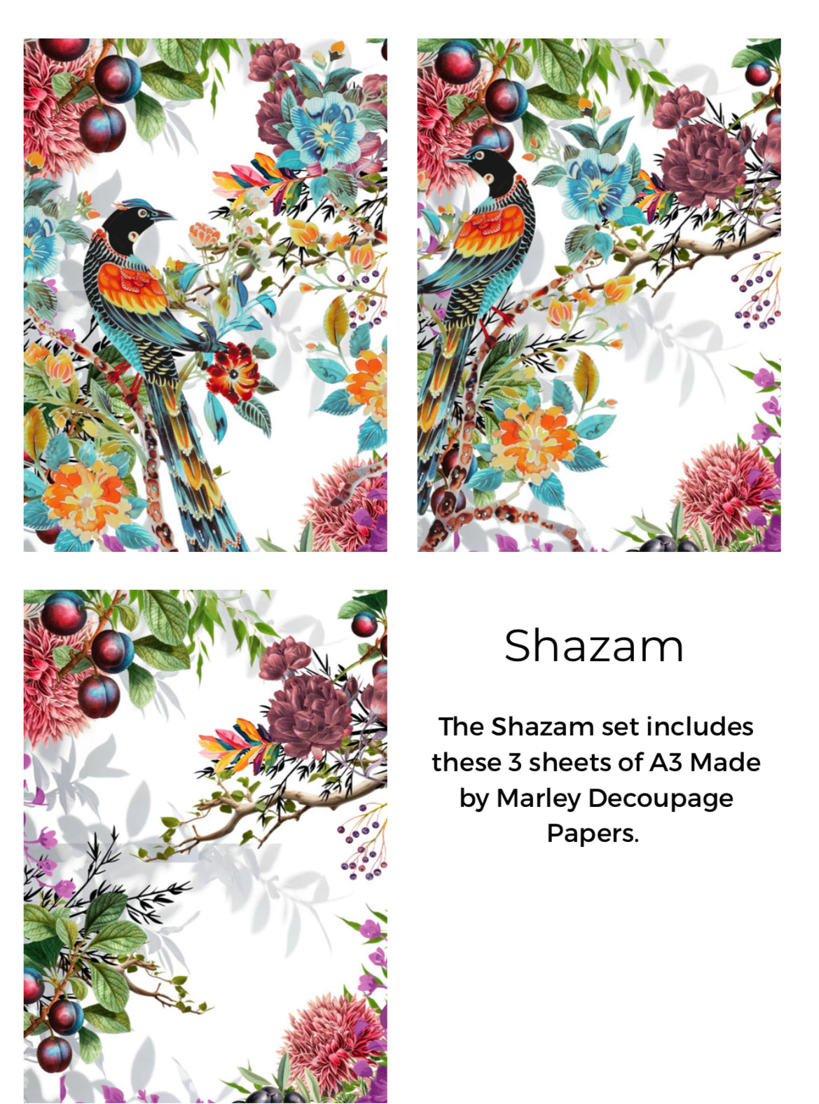 Three A3 size sheets of Shazam decoupage paper with colorful floral and bird designs, featuring the brand name 'Shazam'.