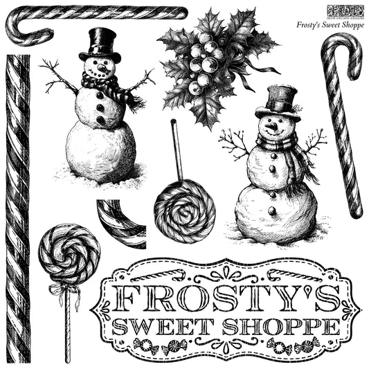 A decorative stamp called "Frosty's Sweet Shoppe" from "IOD" featuring vintage-style illustrations of snowmen, candy canes, and holiday-themed elements.