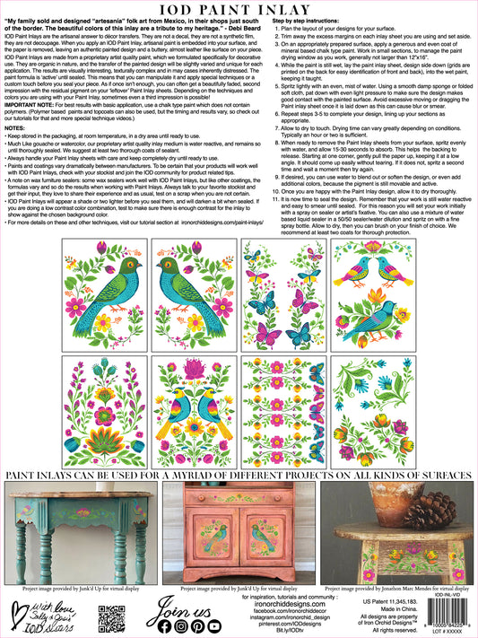 Back cover of Paint Inlay "Vida Flora" by "IOD" with previews of inlay pages and instructions on using inlays.