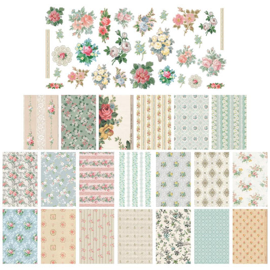 Collection of floral and patterned paper sheets on a white background