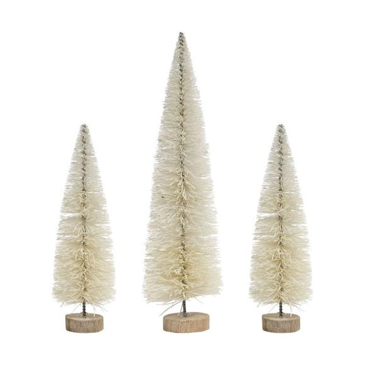 Three beige miniature artificial Christmas trees with jute bases on a white background
