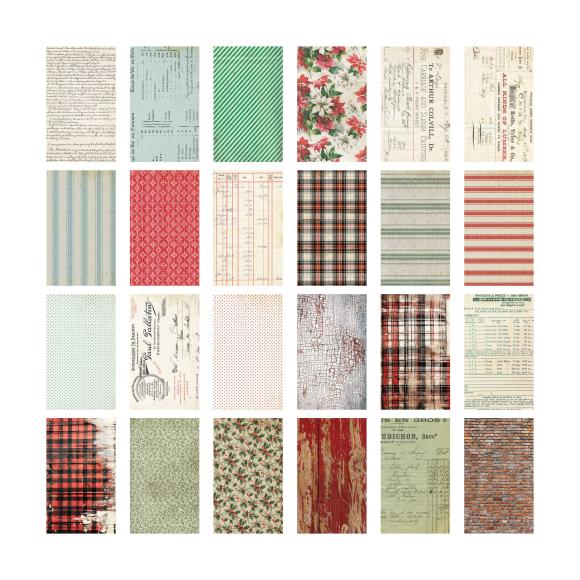 Tim Holtz cardstock backdrops arranged in a grid to preview the Christmas designs.