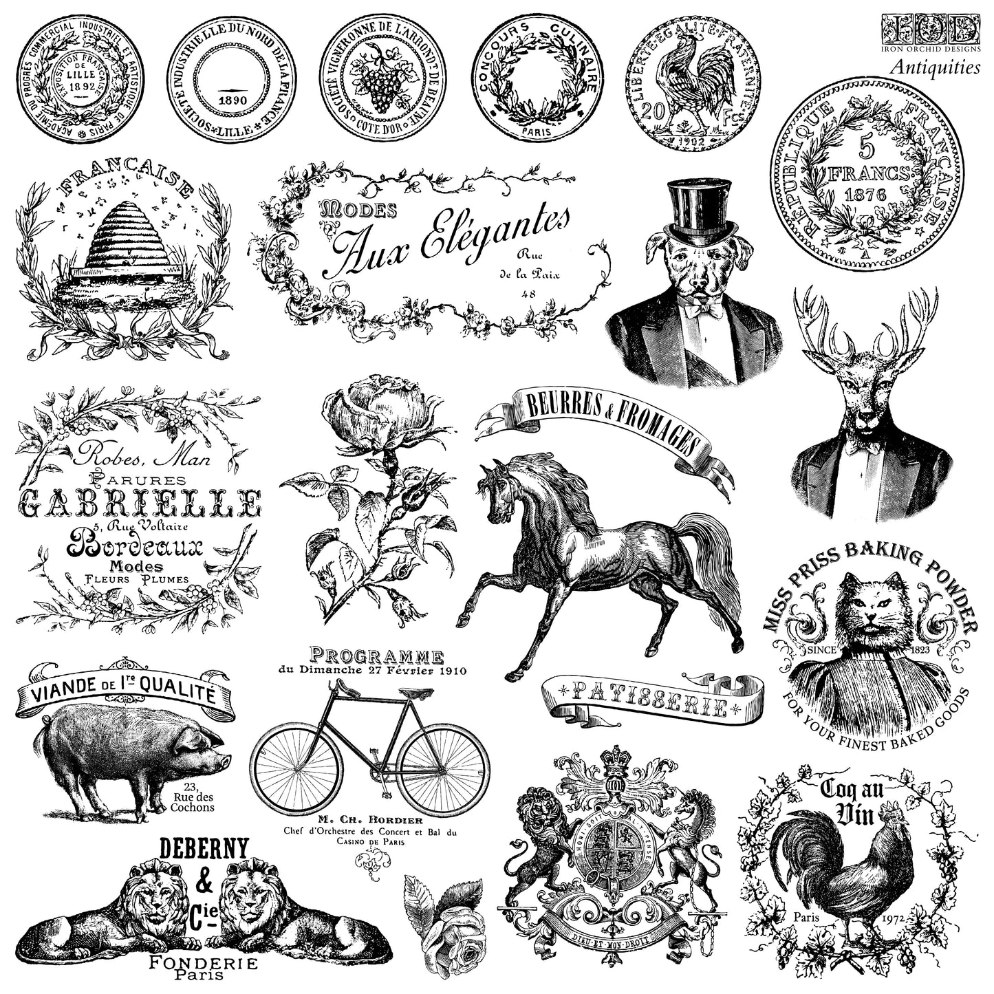 A stamp set called "Antiquities" with various decorative stamps featuring antique designs, including animals, plants, and inanimate objects.