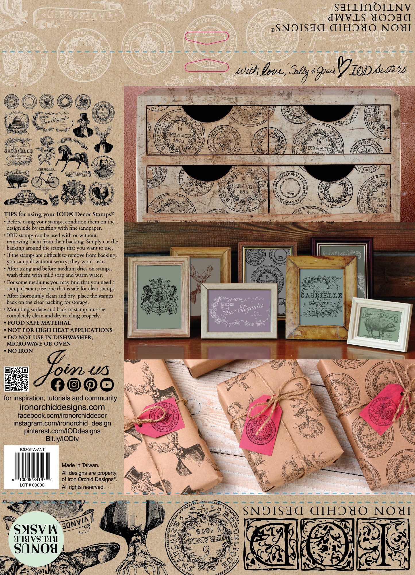 Back cover of the "Antiquities" stamp from IOD, with example vintage-themed projects as well as stamping instructions.