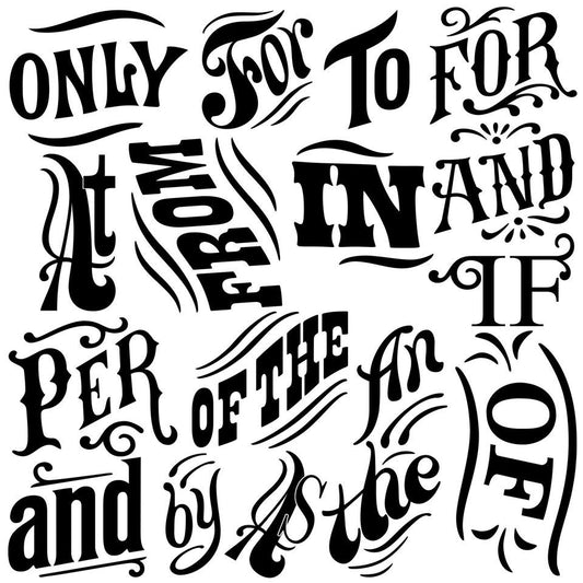 A 12"x12" stamp with various words in a block letter font.