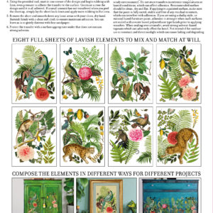 Back cover of the "Bungalow" transfer collection by IOD, with previews of all 8 sheets and instructions on how to use decor transfers.