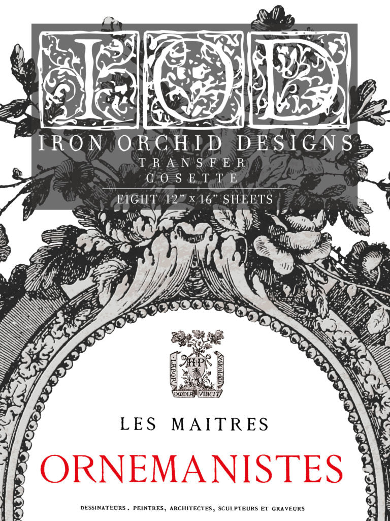 Front cover of the Cosette transfer from IOD, featuring an ornate frame and the phrase "Les Maitres Ornemanistes"