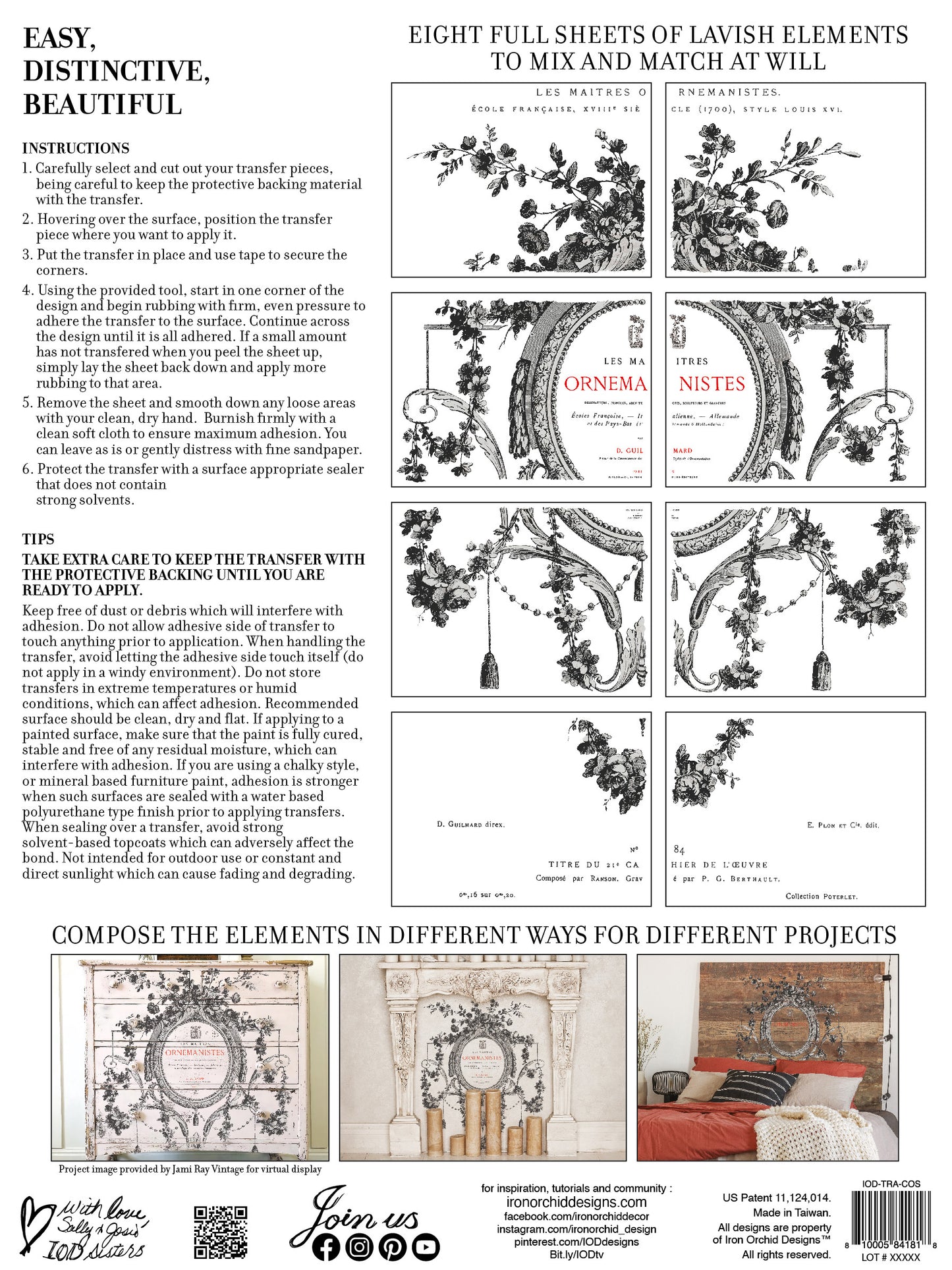 Back cover of Cosette Transfer from IOD, with previews of transfer pages and instructions on how to use transfers.