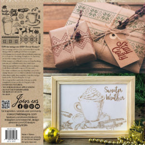 The back cover of IOD's "Cozy" stamp's packagin. Shows instructions and an exampe project with a mug of hot cocoa and the words "Sweater Weather"