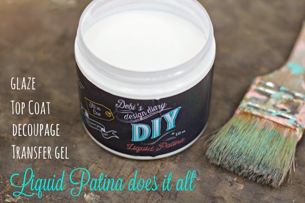A container of Clear Liquid Patina with a brush next to it, indicating a do-it-yourself paint product.