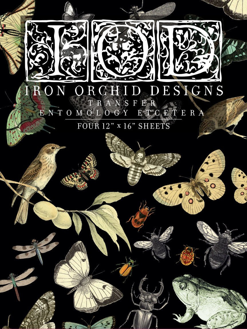 Package of Iron Orchid Designs transfers featuring entomology themes such as insects and butterflies on a black background.