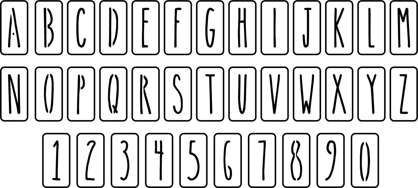 A set of white farmhouse-style letters used for stencil art.