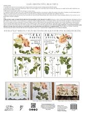The back cover of the Flora Parisiensis transfer from IOD, with previews of the transfer pages and instructions on using furniture transfers.