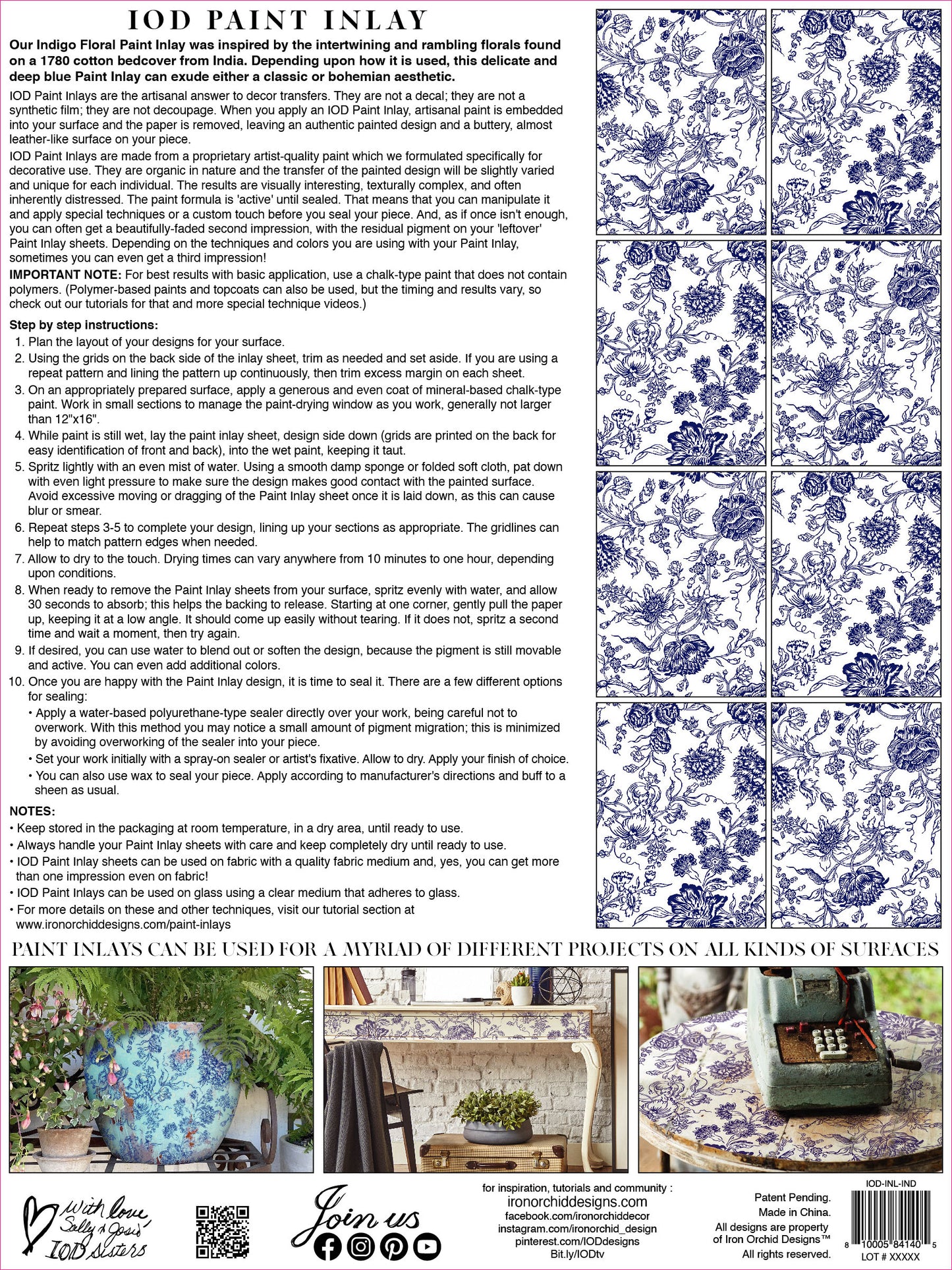 Back cover of Indigo Floral Paint Inlay with a preview of all 8 pages, and instructions on how to use IOD Paint Inlays.