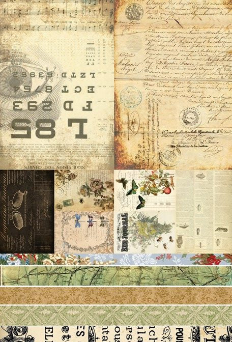A Decoupage sheet with various designs including ephemeral text, vintage patterns, and illustrations.