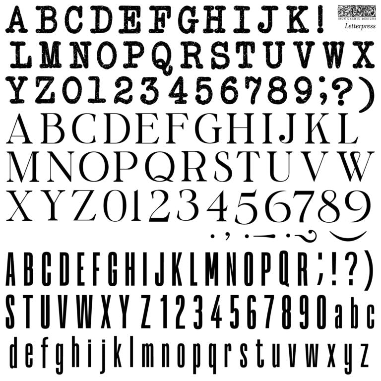 An IOD stamp called "Letterpress" showing a collection of various letters, numbers, and symbols for stamping.