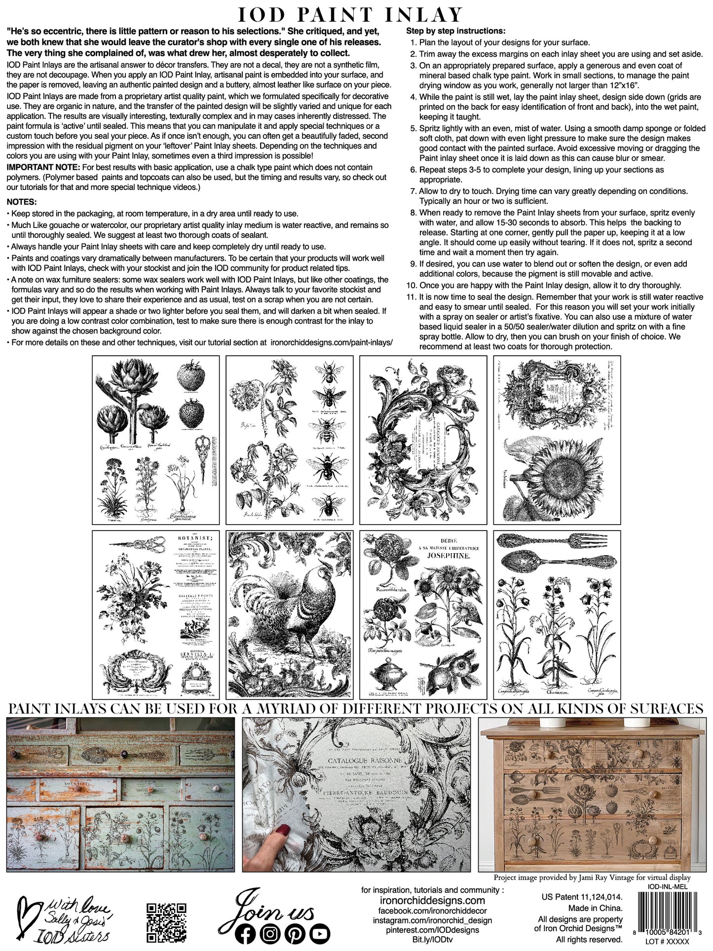 Back cover of the "Melange" Paint Inlay from IOD, featuring a preview of all 8 pages and inlay instructions.