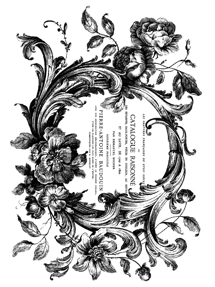 Inlay sheet from "Melange" by IOD with a catalog script inside a floral wreath.