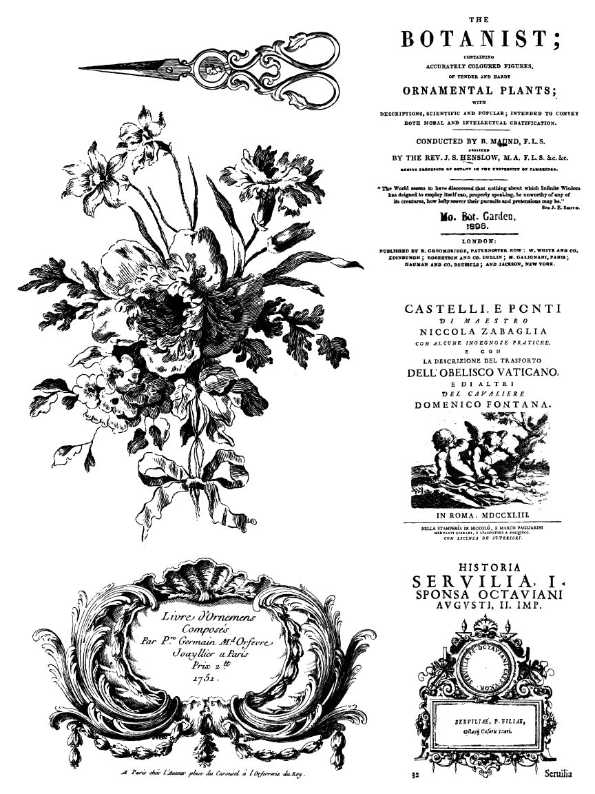 A black and white inlay sheet from "Melange" with flowers, scissors, and vintage 19th century signage.