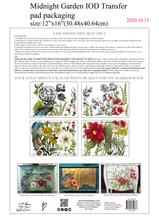The back cover of IOD's "Midnight Garden" transfer pad, with instructions and previews of each page.