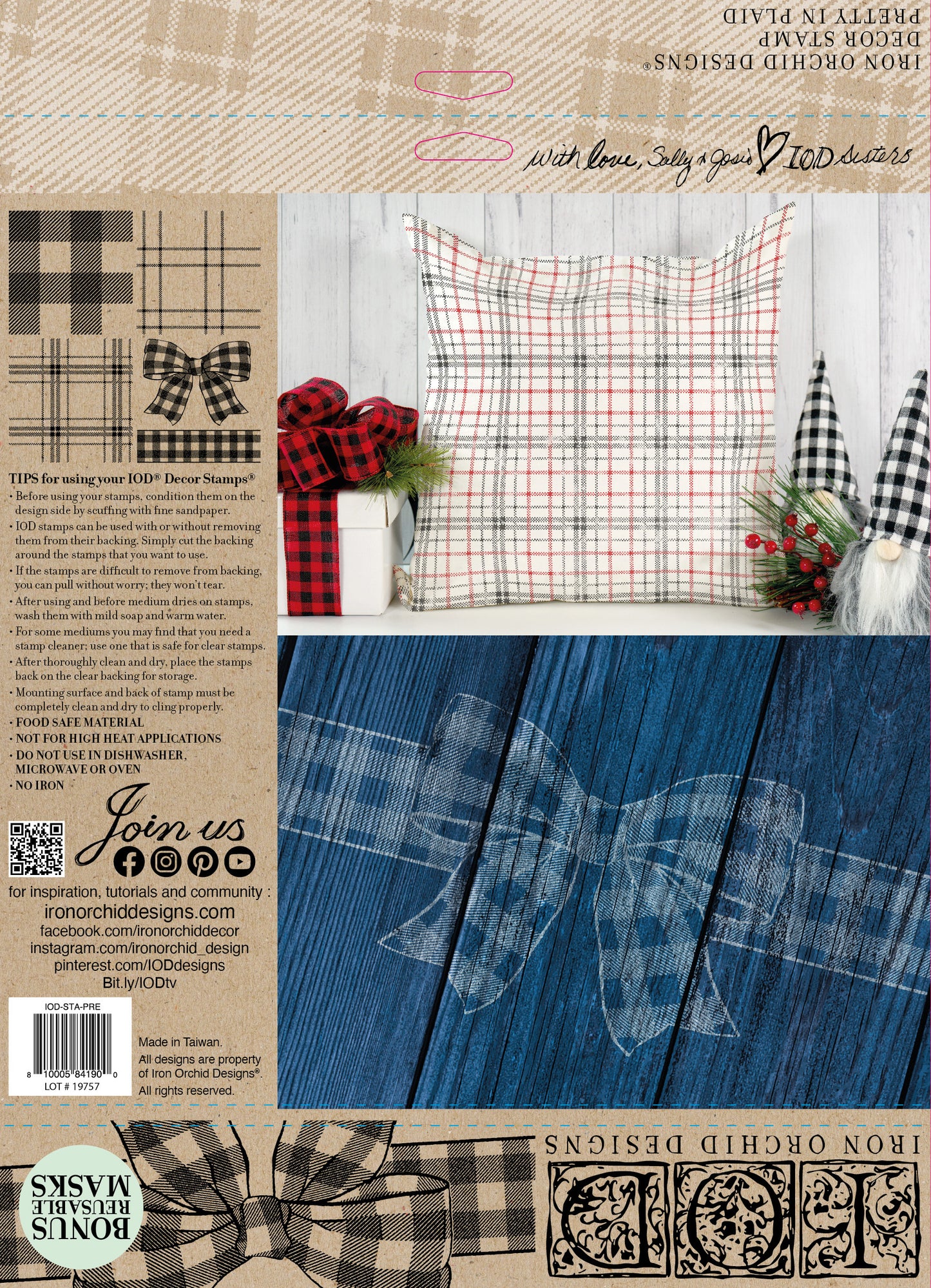 The back cover of IOD's "Pretty in Plaid" stamp packaging. Includes instructions and example projects incorporating the plaid pattern and plaid bow.