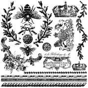 A sheet full of black and white decorative stamps with floral and bee motifs.