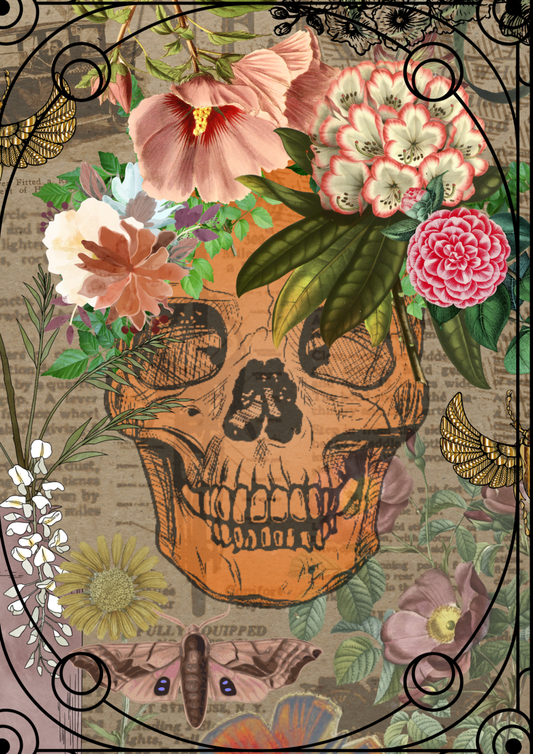 Orange skull with flower crown on a bohemian background, intended as a decoupage paper.