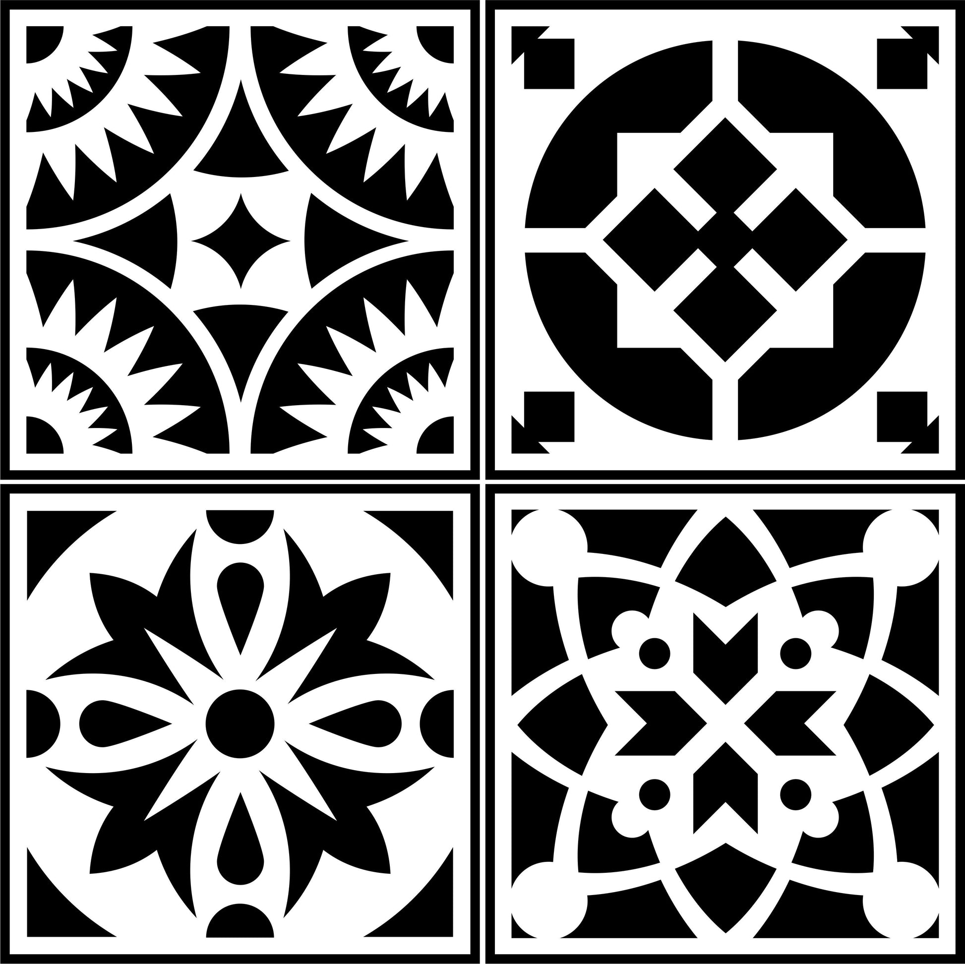 Four black and white Spanish tiles with geometric patterns, part of a stencil set designed by Zeb & Jami Ray.