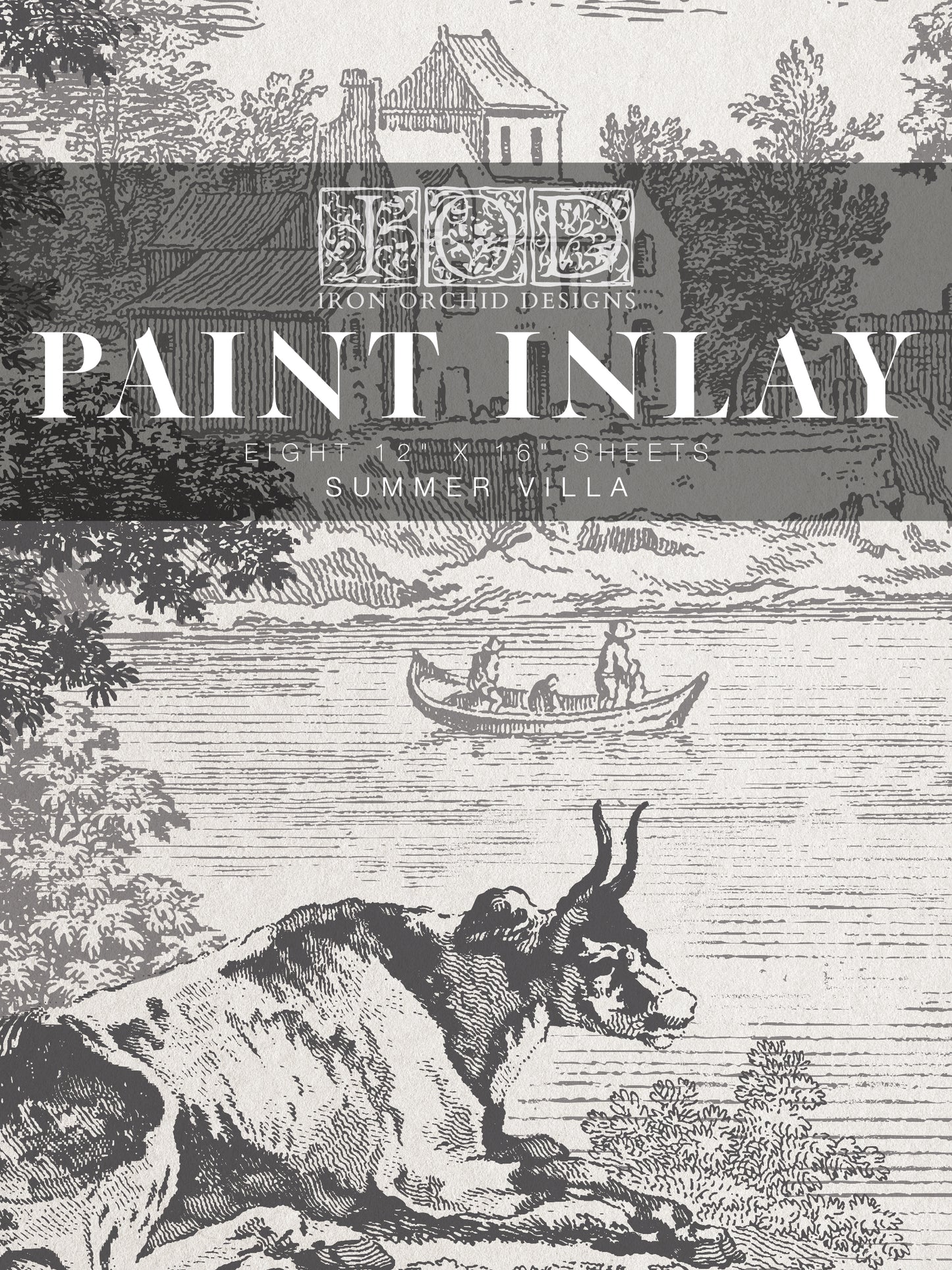 IOD 'Summer Villa' Paint inlay packaging with a vintage summer villa pattern illustration.
