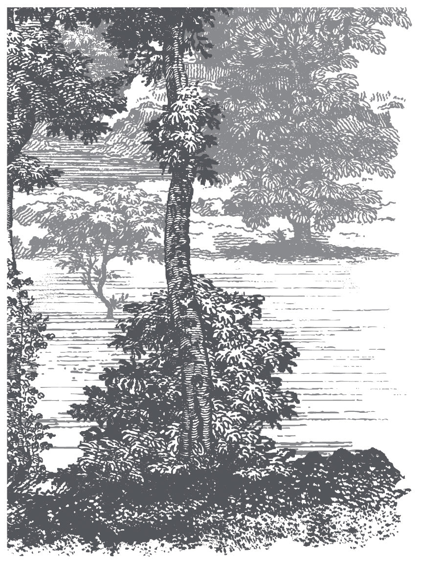 12"x16" page from IOD Paint Inlay 'Summer Villa' showing trees in the foreground and muted trees in the background.