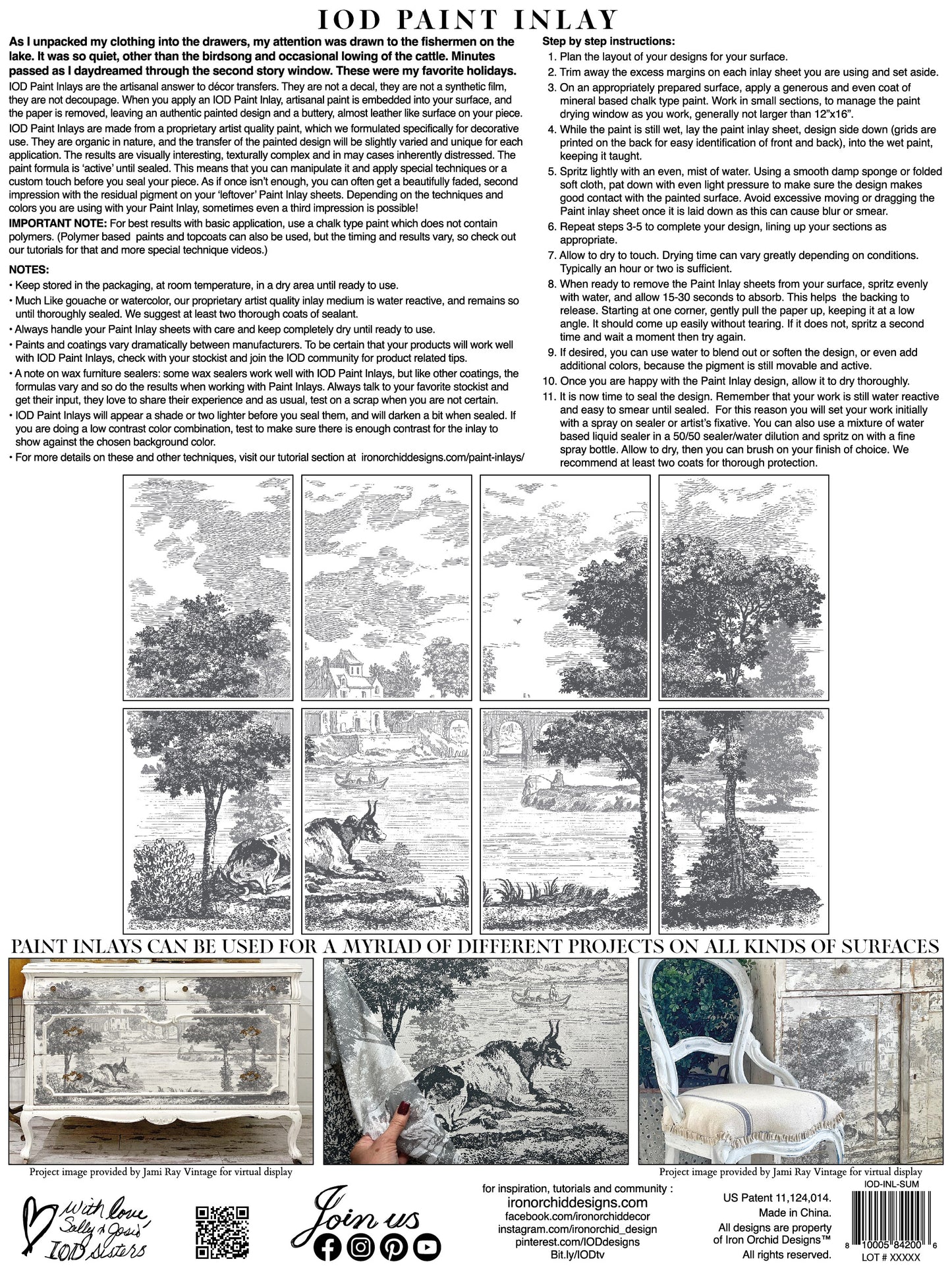 Back cover of IOD's 'Summer Villa' Paint Inlay, with a preview of each sheet and typed instructions on how to use paint inlays.