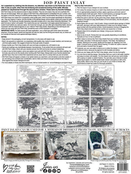 Back cover of IOD's 'Summer Villa' Paint Inlay, with a preview of each sheet and typed instructions on how to use paint inlays.