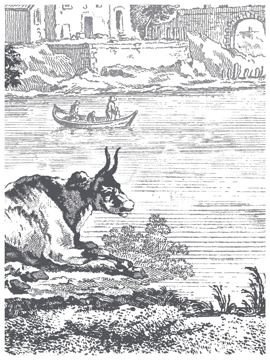 12"x16" page from IOD Paint Inlay 'Summer Villa' featuring the front half of a cow looking over a river at a villa with people row boating.
