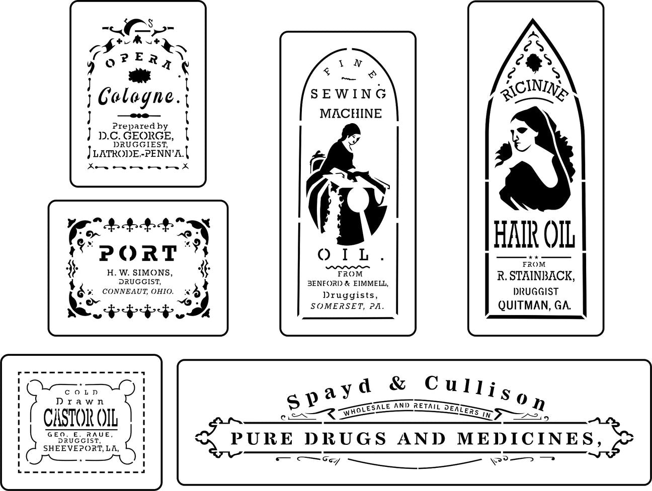 Set of 6 Apothecary Label Stencils including Hair Oil, a Sewing machine, Medication, Castor Oil and Cologne.