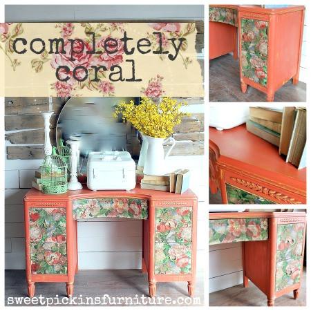 A collage of images showing a coral-colored milk paint furniture piece with floral patterns, and a close-up of the paint texture.