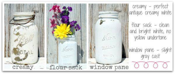 Shows three painted balls jars in different shades of white, and reads "Creamy- perfect antique creamy white; Flour Sack - clean and bright white, no yellow undertone; Window Pane- Slight Gray Cast."