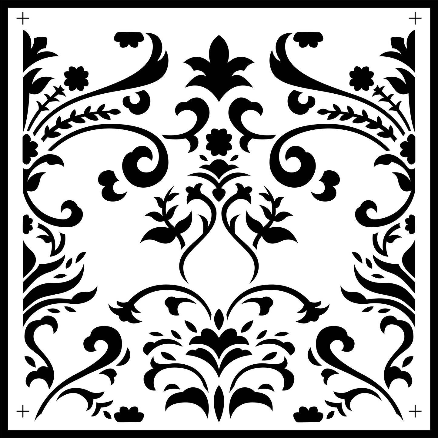 An 11.5" x 11.5" stencil for a damask-style tile.