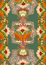 An A3 size decoupage paper with a mirrored image of bohemian-folk style flowers and swirls.
