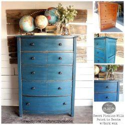 A finished dresser, painted in the color Denim, with side views and multiple angles shown.