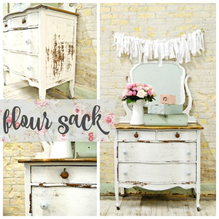 Three pictures of a dresser painted with milk paint in the shade Flour Sack.