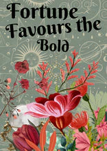 A sheet of A3 size decoupage paper with pink flowers, astrological background images, and the phrase "Fortune Favours the Bold."