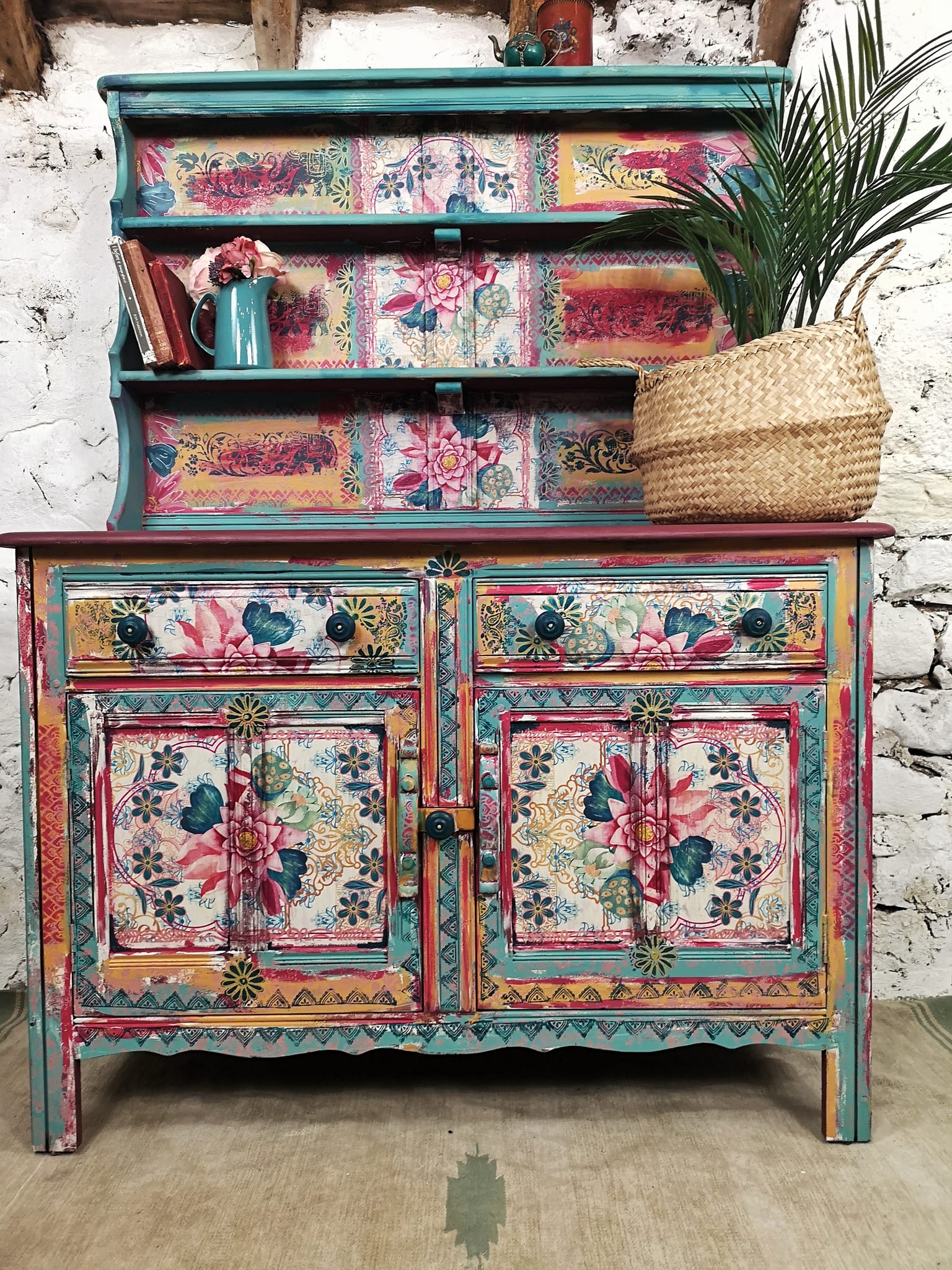 A beautiful shelf with the Lotus Love decoupage paper plastered on.