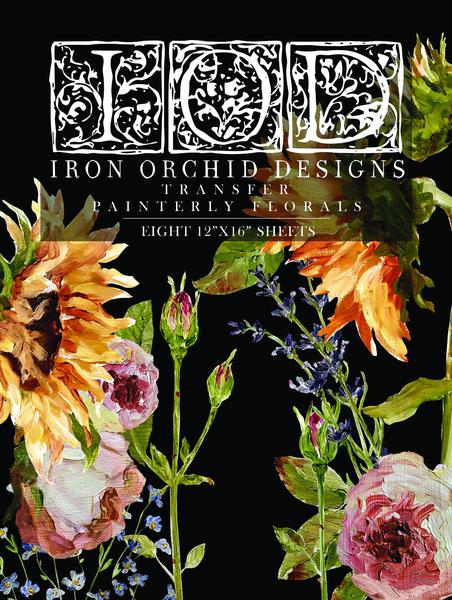 Packaging for Iron Orchid Designs Painterly Florals transfer sheets, featuring a floral design with prominent flowers such as a sunflower and roses.