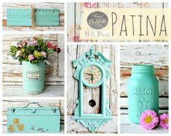 A collage of projects painted in the Sweet Pickins Milk Paint shade Patina.