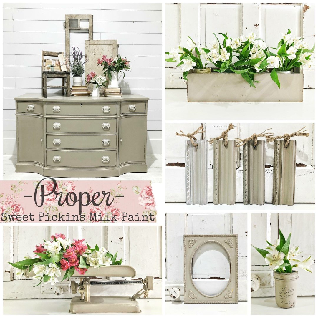 a collage of furniture items painted in the Sweet Pickins Milk Paint color Proper.