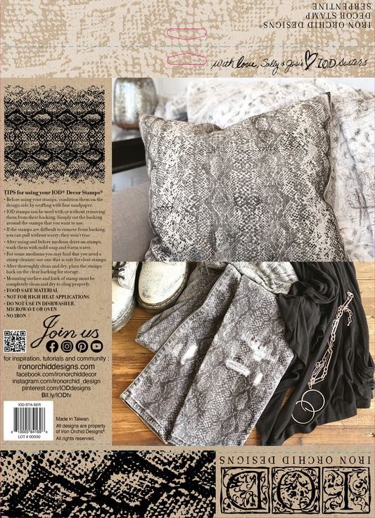 Back cover of the IOD decor stamp "Serpentine", with tips for using stamps.