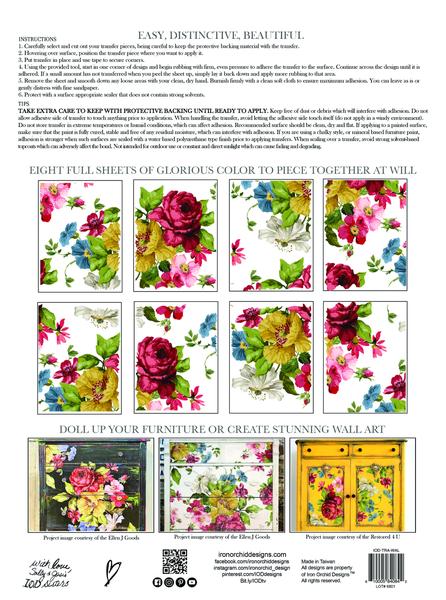 The back cover of IOD's "Wall Flower" transfer pad, with instructions and previews of each transfer page.